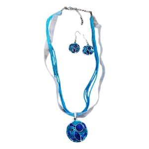 Fashion Jewelry Necklace Earrings Set Art Deco MCM Retro Turquoise Blue Silver